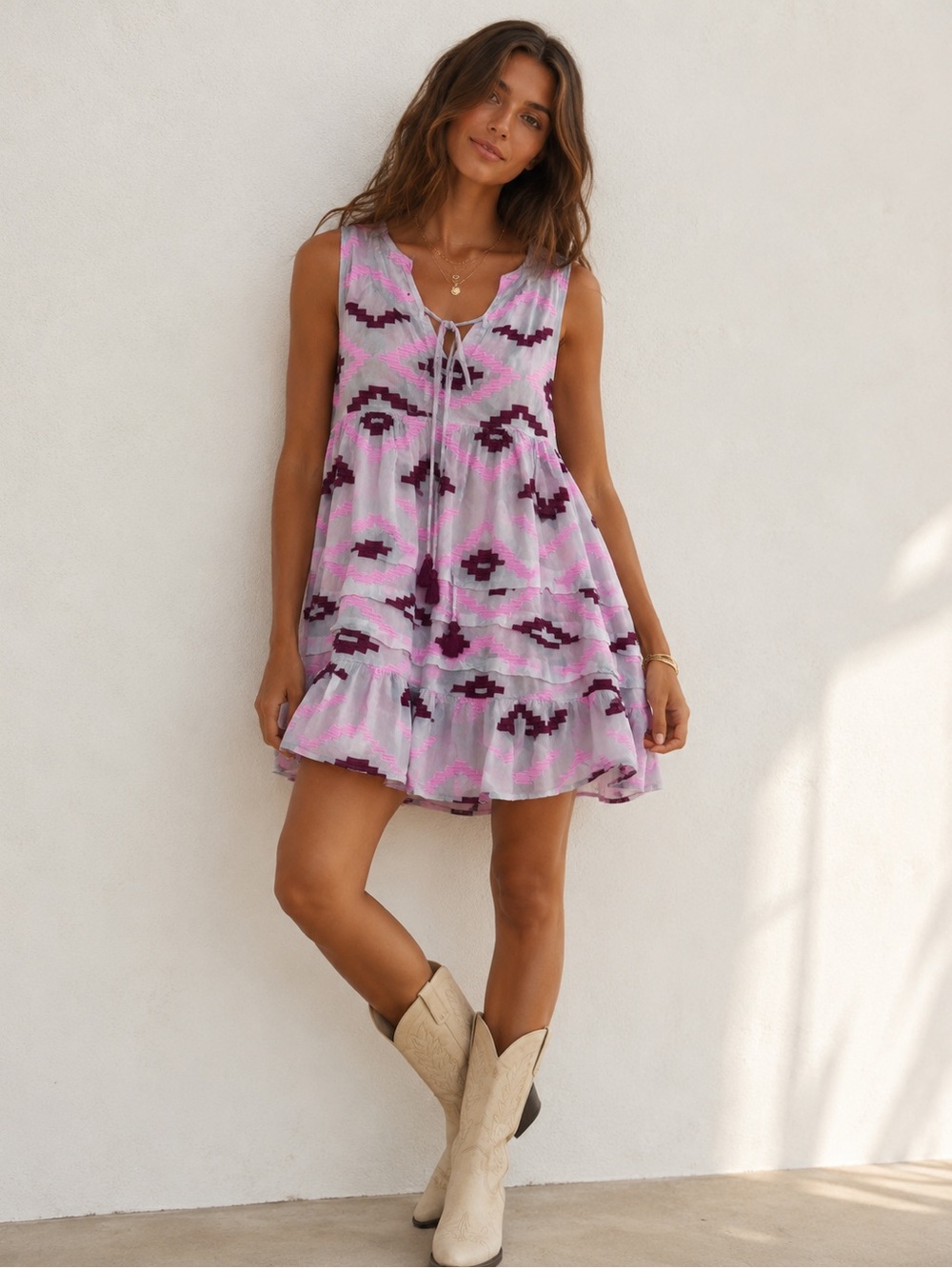 Bianca Paris Boho Embroidered Sleeveless Tunic mini Dress Tassel Resort Boho